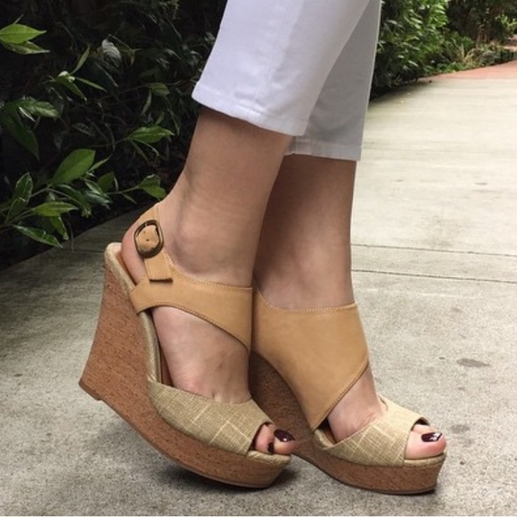 Urban Outfitters Shoes - Perfect Tan Peep Toe Platform Cork Wedge Sandal